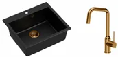 Zlewozmywaki z baterią - Quadron Zlewozmywak granitowy jednokomorowy 57*50*22 cm MORGAN 110 PURE CARBON czarny z miedzianym odpływem z baterią NATALIE Q LINE kolor miedziany - miniaturka - grafika 1