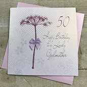 Kartki okolicznościowe i zaproszenia - WHITE COTTON CARDS białe bawełniane kartki mniszek lekarski, Happy Lovely Godmother 50 cali ręcznie robiona kartka 50. urodziny, biała, bd42-50 bd42-50 - miniaturka - grafika 1