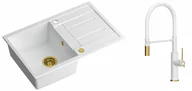 Zlewozmywaki z baterią - Quadron Zlewozmywak granitowy jednokomorowy 78*50*22 cm z ociekaczem MORGAN 111 SNOW WHITE ze złotym odpływem z baterią GEMMA Q LINE SLIM SNOW WHITE z ruchomą wylewką kolor biały mat/wykończenie złote/biały wąż - miniaturka - grafika 1