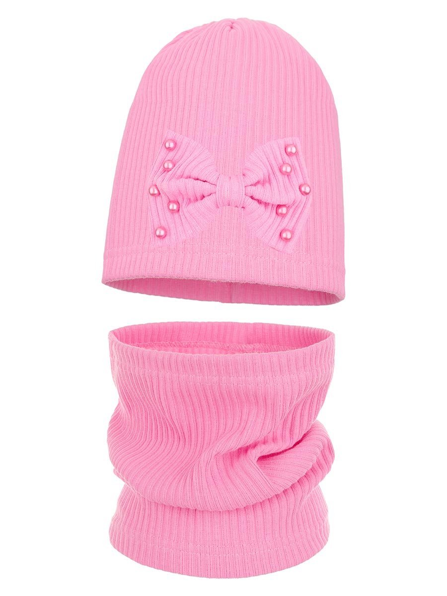 Dziewczęcy komplet czapka i komin w prążki z kokardą i perełkami różowy Ambra r.50/54