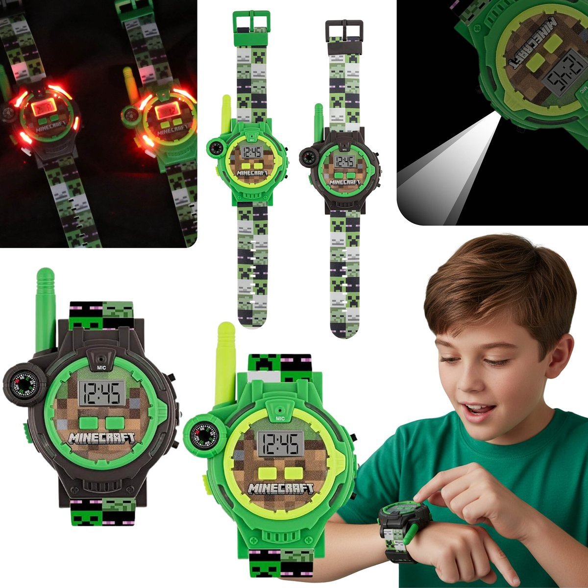 MINECRAFT Creeper Zestaw zegarków z funkcją walkie-talkie dla dzieci, KRÓTKOFALÓWKA, latarka, kompas, ZASIĘG 200m