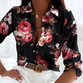 Koszule damskie - Koszula damska z motywem kwiatowym - Czarny - miniaturka - grafika 1