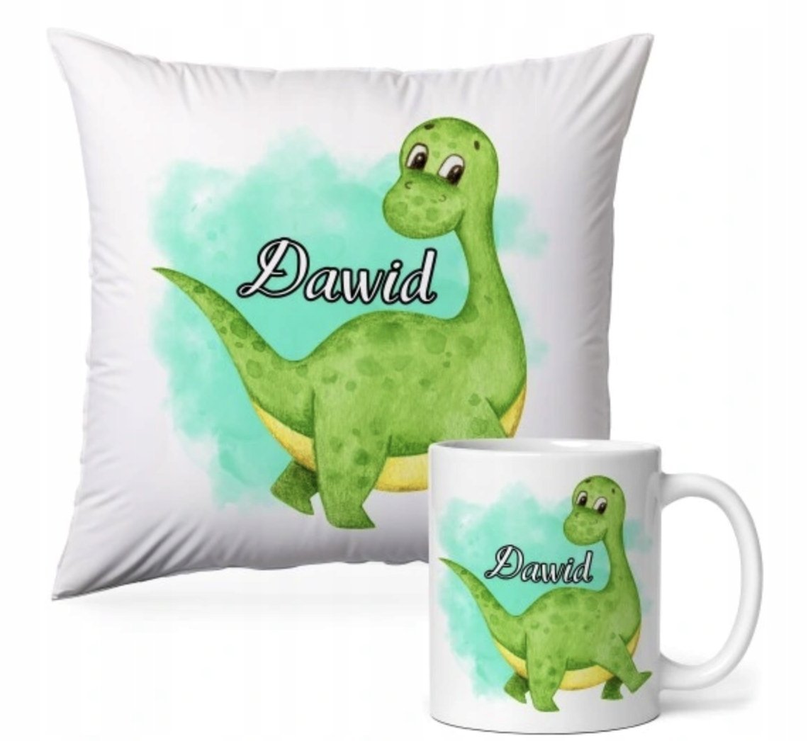 ZESTAW PODUSZKA + KUBEK Prezent DINOZAURY T-REX Z DINOZAURAMI + IMIĘ 32