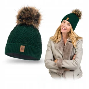 Czapka Zimowa Damskie Zielona z Ociepleniem Polar Pompon PaMaMi Butelkowa - Czapki damskie - miniaturka - grafika 1