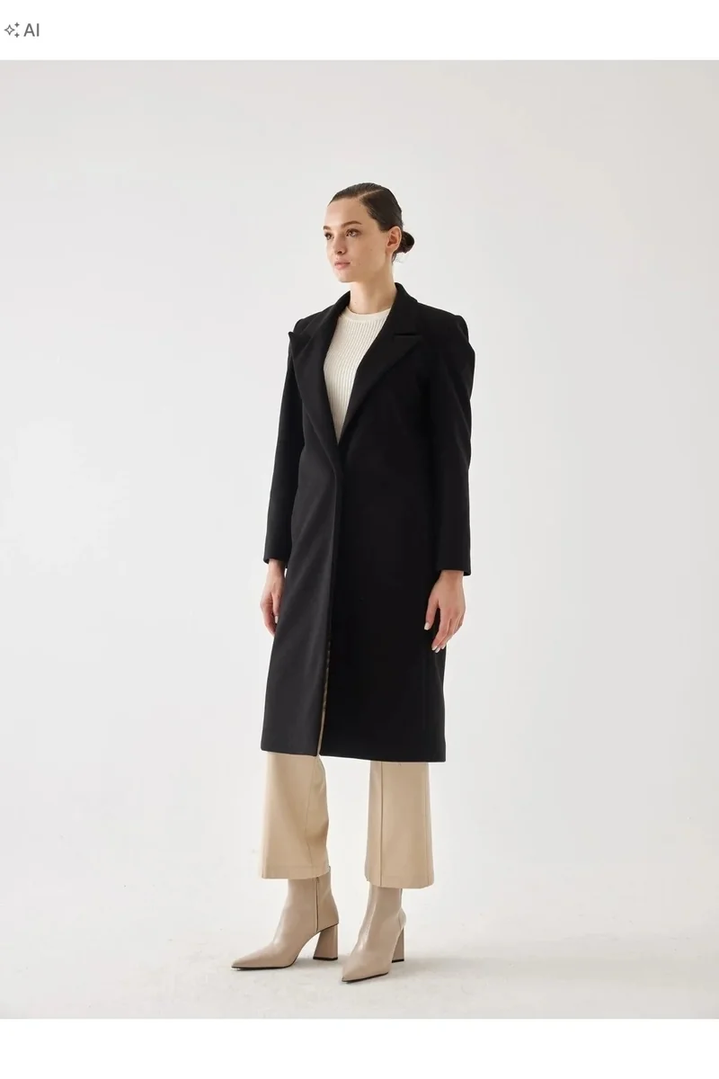 DŁUGI CZARNY PŁASZCZ GŁADKI ELEGANCKI MINIMALISTYCZNY 40 5IA