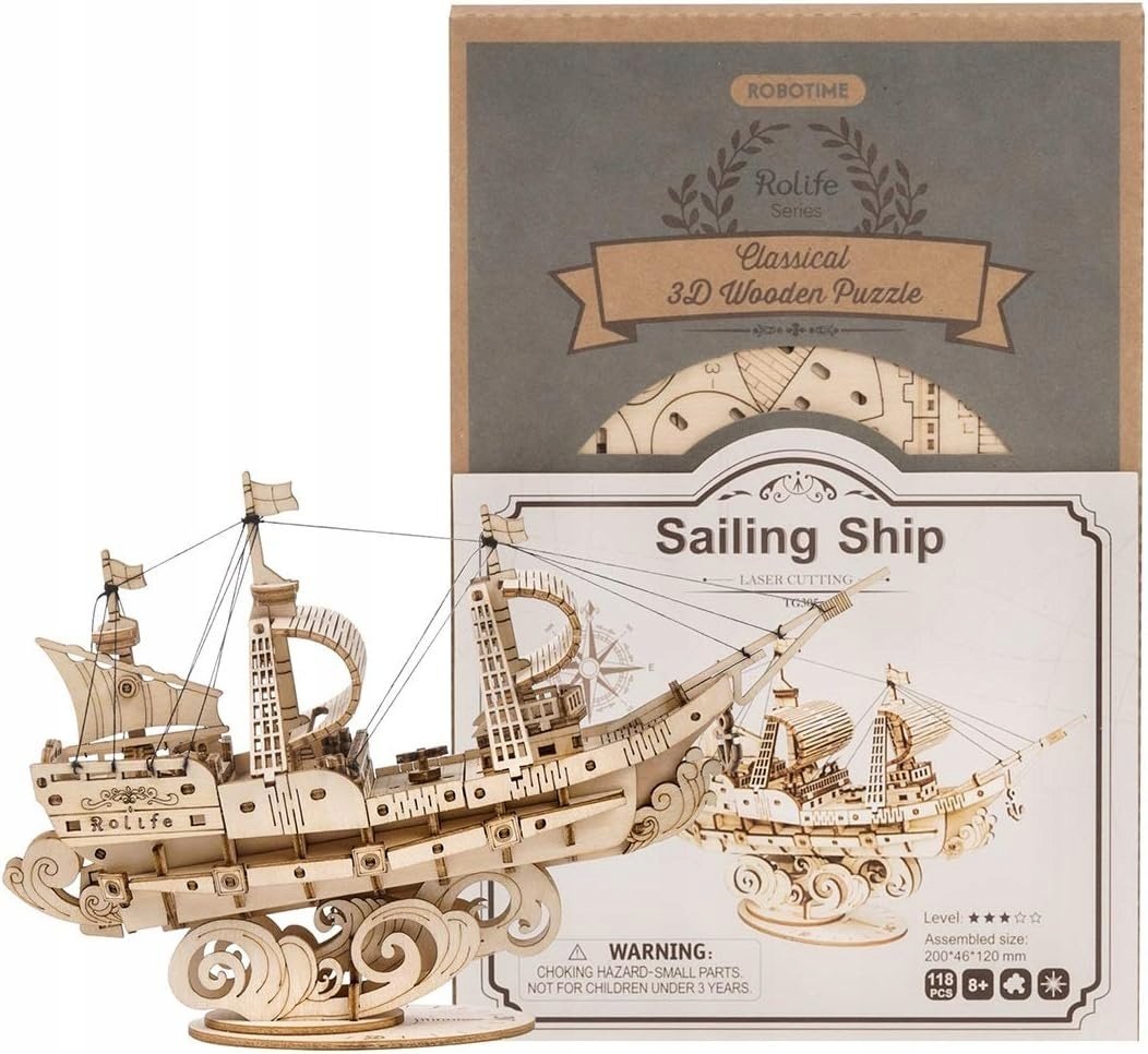 Puzzle Drewniane 3D Statek Żaglowiec Na Fali Drewniana Dekoracja Prezent