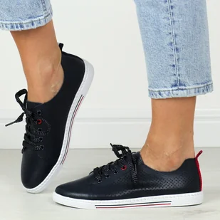 Granatowe ażurowe skórzane półbuty, tenisówki damskie S.Barski 952 - S.BARSKI - Półbuty damskie - miniaturka - grafika 1