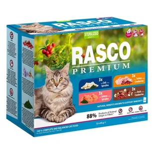 RASCO Premium losos, dorsz, kaczka, indyk fileciki w sosie 12x85g saszetka dla sterylizowanego kota (1703-13398) - Mokra karma dla kotów - miniaturka - grafika 1