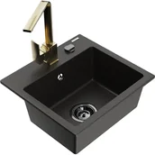 Zlewozmywaki z baterią - Mexen Milo zlewozmywak granitowy 1-komorowy z baterią kuchenną Rita, czarny/złoty metalik - miniaturka - grafika 1