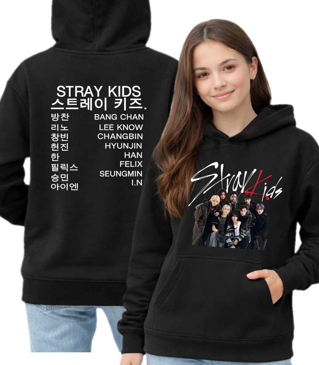 STRAY KIDS K-POP DWUSTRONNA BLUZA Z KAPTUREM CIEPŁA XS CZARNY