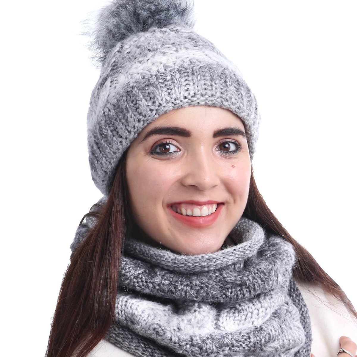 Nandy Komplet Czapka+Komin Ciepły Warkocz Pompon - Nkp-20-19-031-Szar
