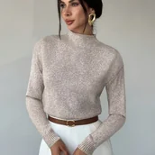 Swetry damskie - TEMU Elegancka Damska Sweter do Biura, Morelowo-Szary Wielokolorowy Długi Rękaw Wysoki Kołnierz Luźny Fason Wszechstronny Sweter, Jesienna Odzież - miniaturka - grafika 1