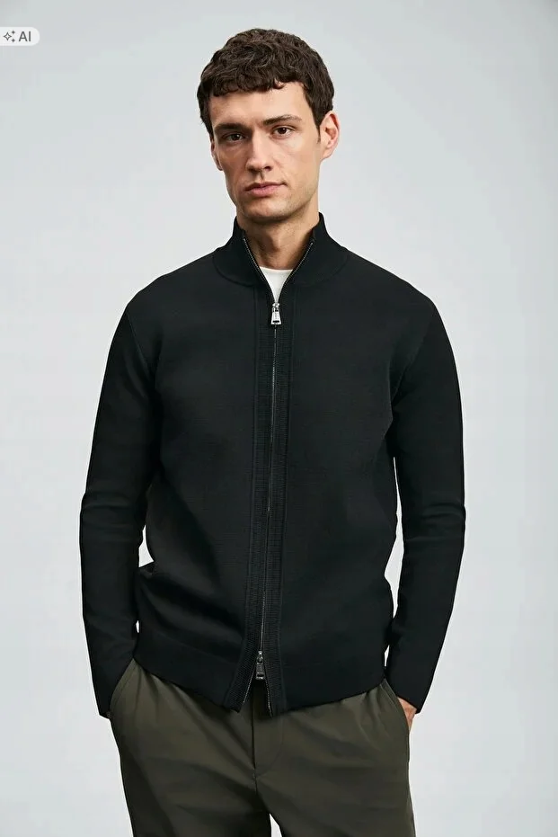 MĘSKI SWETER CZARNY ZAMEK GŁADKI ELEGANCKI SPORTOWY M 5IA