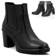 Botki damskie - Rieker Botki Damskie SKÓRZANE Wygodne na Klocku Eleganckie Modne Czarne Zamek 38 - miniaturka - grafika 1