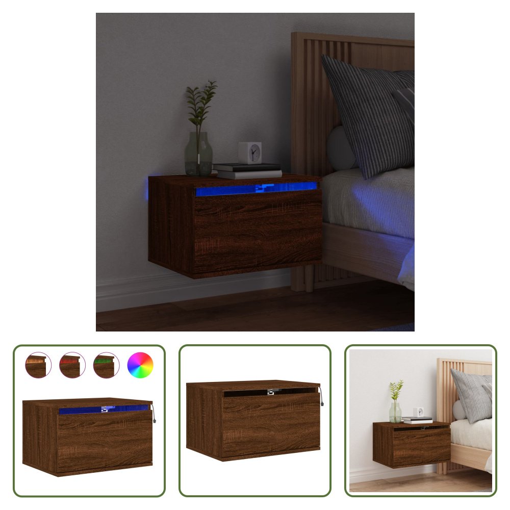 The Living Store Szafka nocna ścienna z oświetleniem LED w kolorze brązowego dębu