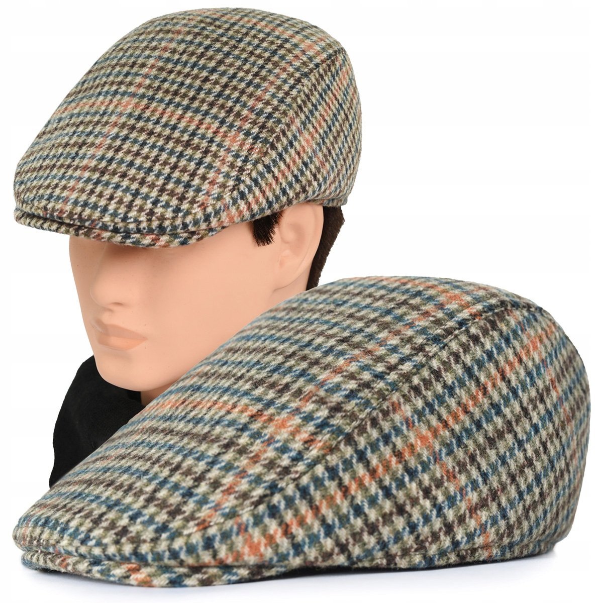 Kaszkiet Męski Zimowy Ocieplany Elegancka Czapka w Pepitkę z Wełną