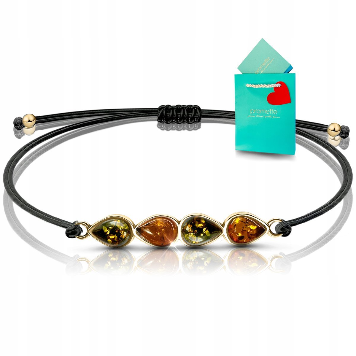 Bransoletka z zielonym bursztynem złota pozłacana na sznurku damska srebro