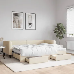 vidaXL Sofa rozsuwana z szufladami, kremowa, 80x200 cm, tkanina - Sofy i kanapy - miniaturka - grafika 1