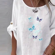 Koszule damskie - TEMU Elegancka Koszulka Damska - Jednokolorowa, Okrągły Dekolt Casual Modna Bluzka z Nadrukiem "Niebieskiego Motyla", Detal Guzikowy Luźny Krój na - miniaturka - grafika 1