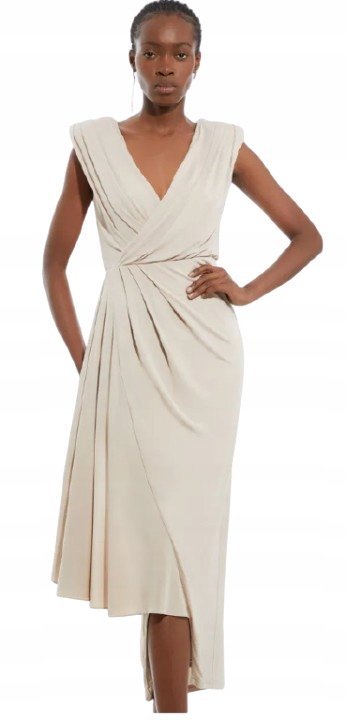 Karen Millen Beżowa Sukienka z Plisowaniem i Dekoltem V S B1c
