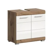 Szafki łazienkowe - Wave szafka pod umywalkę 2 drzwi biały połysk, dąb dekor. - miniaturka - grafika 1