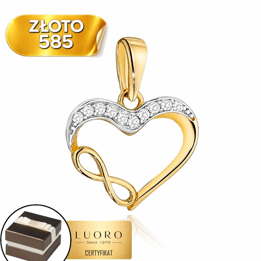 ZAWIESZKA ZŁOTA 585 14K SERCE NIESKOŃCZONOŚĆ CYRKONIE 1,6 CM ELEGANCKA
