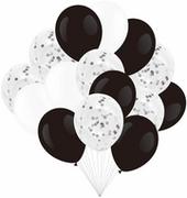 Balony i akcesoria - Zestaw balonów czarno-białych z konfetti + wstążka - 30 cm - 15 szt. - miniaturka - grafika 1