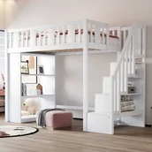 Łóżka dla dzieci i młodzieży - Łóżko piętrowe 90 x 200 cm, łóżko dziecięce ze schodkami do przechowywania, łóżko piętrowe z wieloma dużymi schowkami,białe - miniaturka - grafika 1