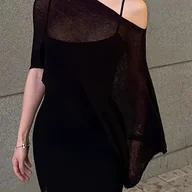 Swetry damskie - TEMU Elegancki letni top - Asymetryczna tkanina z lodu, design z odkrytymi ramionami, szary, wysoka rozciﾄ�gliwoﾅ崙�, bez rﾄ冖awﾃｳw, styl dla kobiet, we - miniaturka - grafika 1