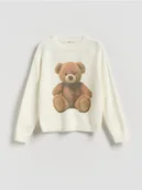 Swetry dla dziewczynek - Reserved - Sweter z misiem - złamana biel - miniaturka - grafika 1