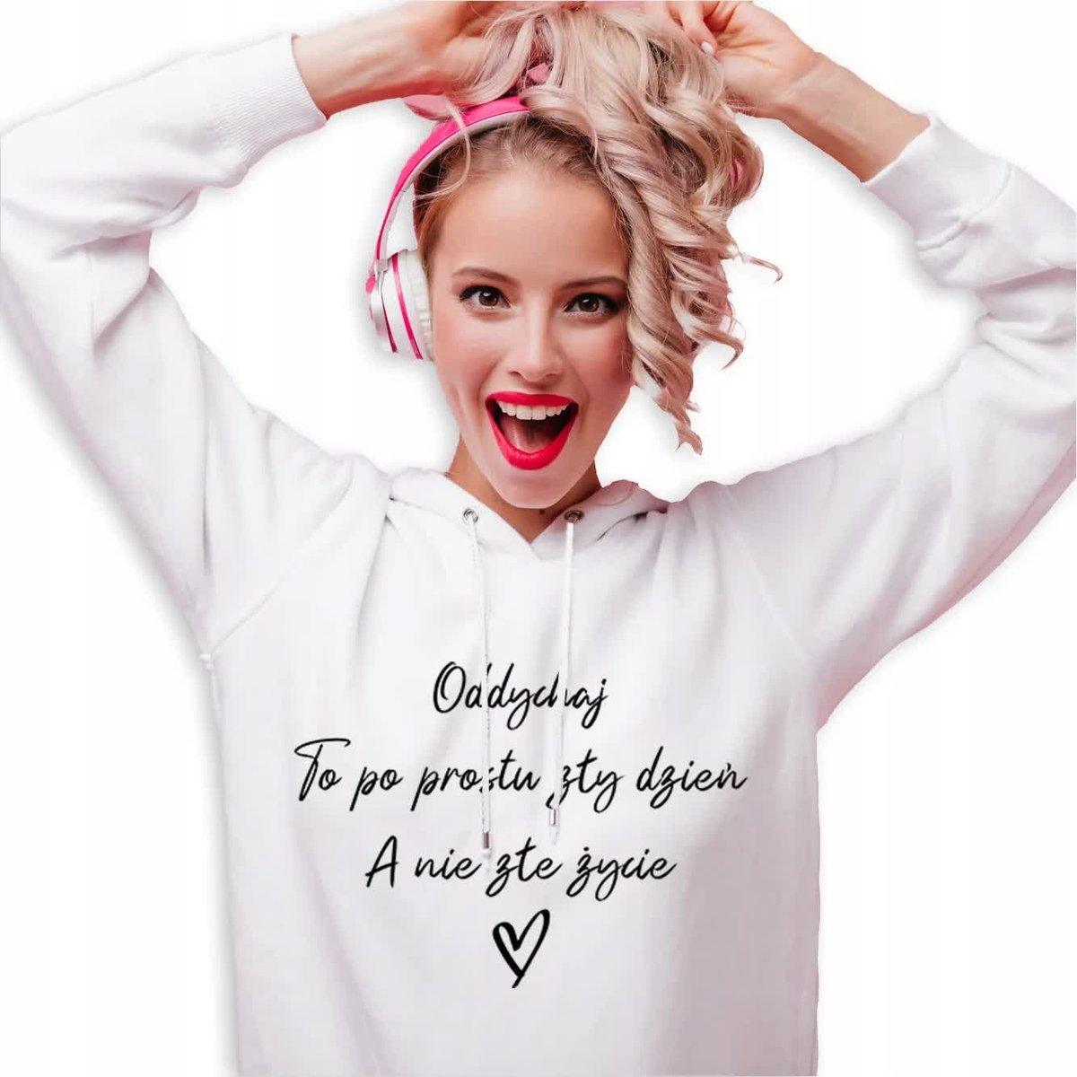 BLUZA DRESOWA Damska BIAŁA Z Kapturem Napisy TO PO PROSTU ZŁY DZIEŃ Wzory S