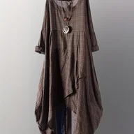 Sukienki - TEMU Klasyczna sukienka w kratę z asymetrycznym spodem - swobodny, okrągły dekolt, długie rękawy, brązowy i beżowy wzór w kratę, idealna na - miniaturka - grafika 1