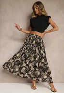 Spódnice - Czarna Rozkloszowana Spódnica w Kwiatowy Wzór z Plisami i Metalicznym Nadrukiem Follanea - miniaturka - grafika 1