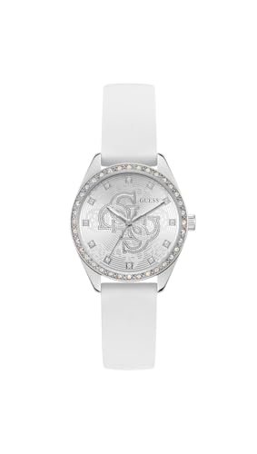 Guess AVA damski zegarek na rękę, analogowy kwarcowy, stal nierdzewna, 34 mm, pasek silikonowy, biały, 5 bar, kolor tarczy: srebrny, GW1042L1