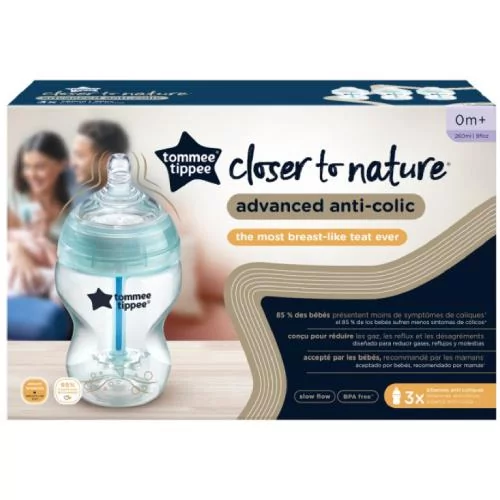 Tommee Tippee Butelki dla niemowląt antywstrząsowe, naturalnie ukształtowany smoczek i specjalny system odpowietrzający zapobiegający kolce, 260 ml, zestaw 3 szt