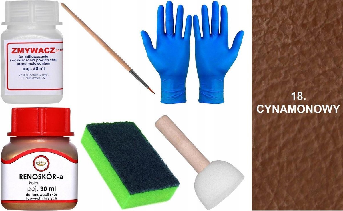 CYNAMONOWY 18 Renoskór ZESTAW DO RENOWACJI SKÓRY LICOWEJ Farba Zmywacz PŁYN