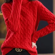 Swetry damskie - TEMU Damski sweter z wysokim dekoltem w stylu vintage - przytulny sweter z prążkowanym kolorze beżowym i złotym paskiem z , luźny top na każdą porę - miniaturka - grafika 1