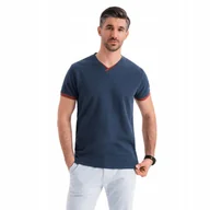 Koszulki męskie - T-shirt męski z kontrastowymi wstawkami serek granatowy OM-TSCT-0198 V1 XL - miniaturka - grafika 1