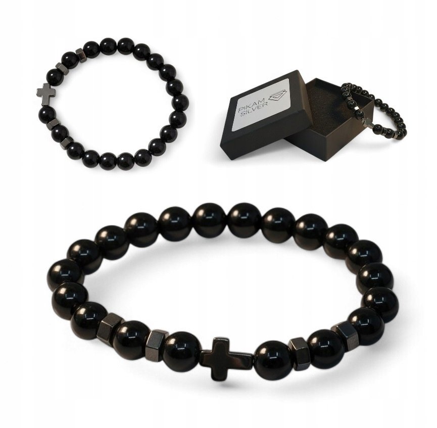 Bransoletka Z Kamieni Naturalnych 8mm Onyks Z Krzyżykiem Na Gumce Czarna