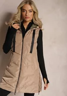 Kamizelki damskie - Ciemnobeżowa Długa Kamizelka Pikowana Dwustronna ze Sznurkami przy Kapturze Frenila - miniaturka - grafika 1