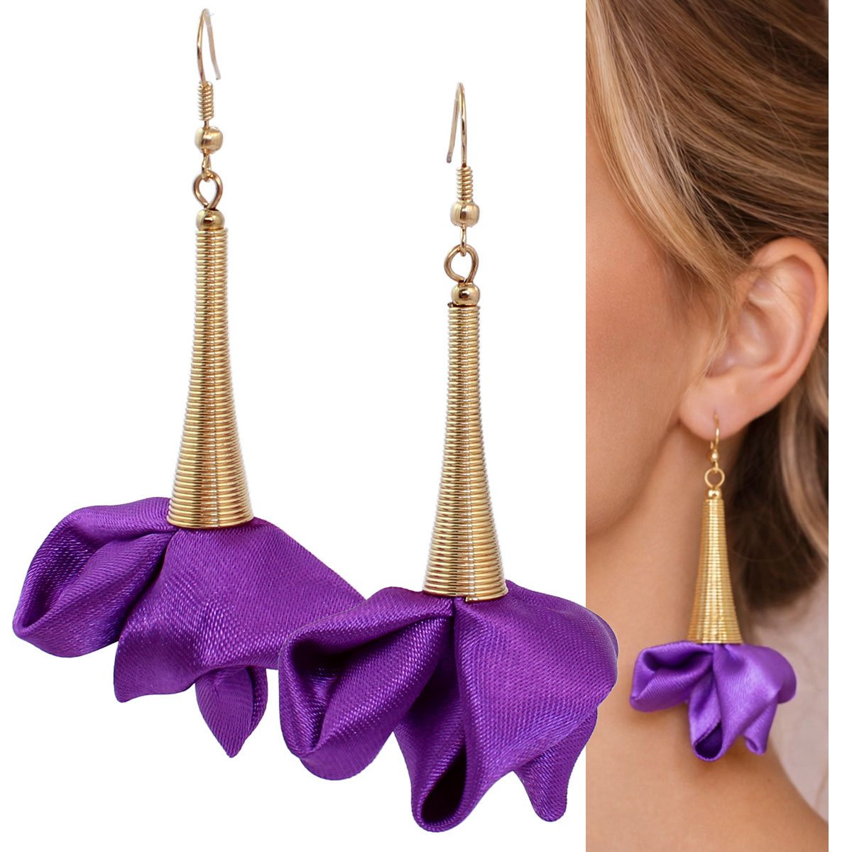 Kolczyki wiszące fiolet kwiaty złote eleganckie wesele imprezowe