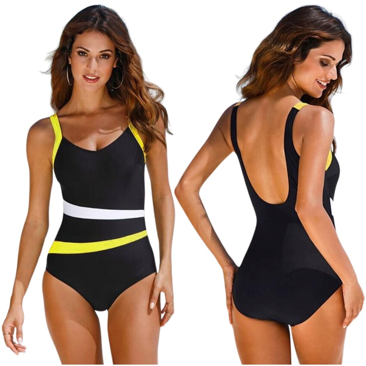 STRÓJ KĄPIELOWY JEDNOCZĘŚCIOWY MODELUJĄCY CZARNY KOSTIUM W PASKI DAMSKI XL