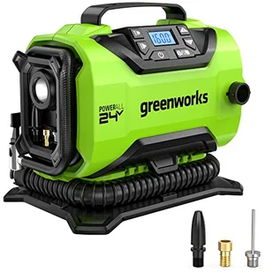 Greenworks GD24IN Inflator i Deflator Akumulatorowy, 11 barów, Niskie Lub Wysokie Ciśnienie, Automatyczne Wyłączanie z 3 Adapterami i Wężem 0,5 m BEZ Baterii i Ładowarki 24V - Akcesoria motoryzacyjne - miniaturka - grafika 1