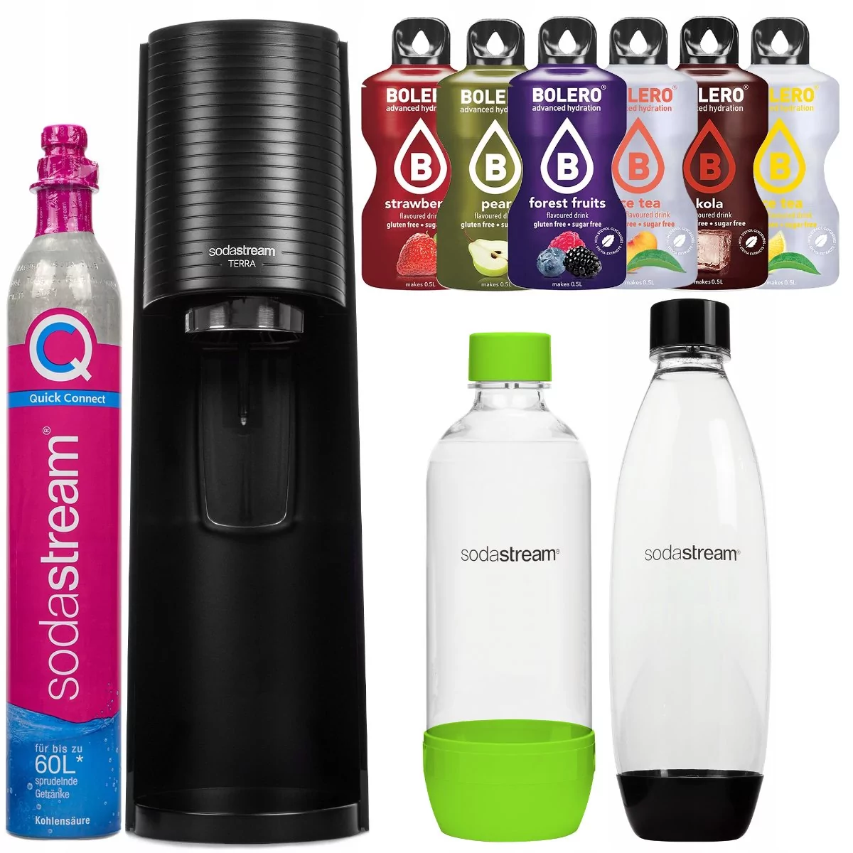 SodaStream Terra Black jedna butelka + butelka PET Zielona + bolero