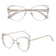 Okulary korekcyjne, oprawki, szkła - Damskie kocie okulary zerówki do komputera BLUE LIGHT z flexami 25136E bezbarwne/złote - miniaturka - grafika 1