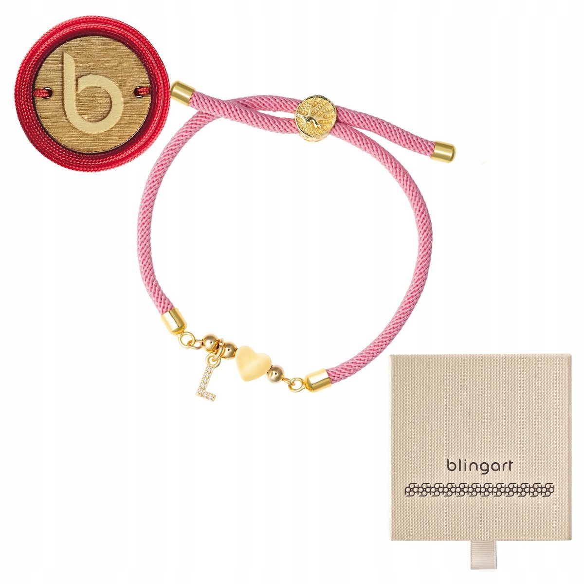 Bransoletka sznurkowa LITERKI serduszko RÓŻOWA regulowana LITERA BLINGART