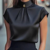 Koszule damskie - TEMU Damska Niebieska Koszula z Wysokim Kołnierzem - Strukturalna Bluzka z Krótkim Rękawem, Odporna na Zagniecenia i Pranie w Praniu Maszynowym, - miniaturka - grafika 1