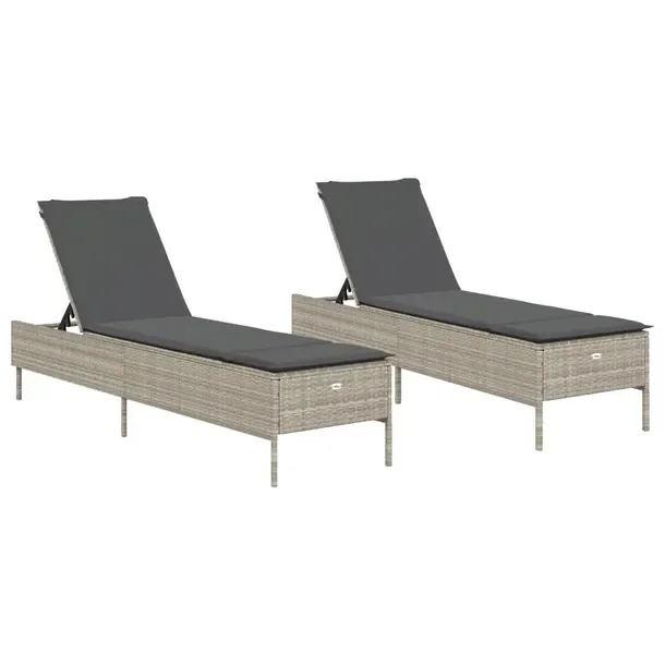 Leżaki ogrodowe jasnoszare z poduszkami, rattan PE, 198 x 55 x 39-97 cm