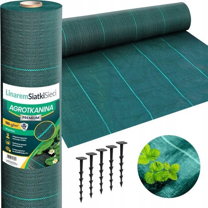 Linarem SiatkiSieci AGROTKANINA 110G 1,6x50m PREMIUM UV 3% AGROWŁÓKNINA ZIELONA MATA + KOŁKI