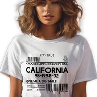 Zestawy upominkowe - BIAŁA KOSZULKA DAMSKA Krótki Rękaw CALIFORNIA Zabawne Wzory Rozmiar XS - miniaturka - grafika 1